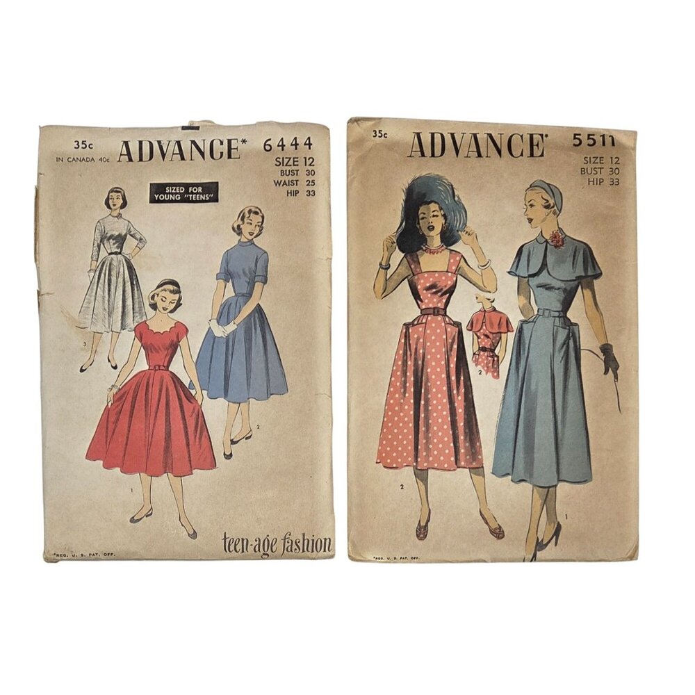 Vintage Advance Sewing Patterns Pre-Cut Un-printed 6444 & 5511 Size 12 1940s-50s